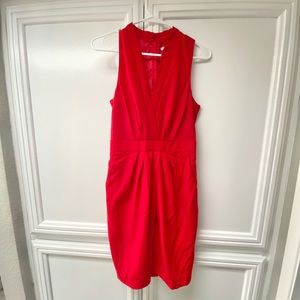 Red Pleated V-Neck mini Dress with Pockets